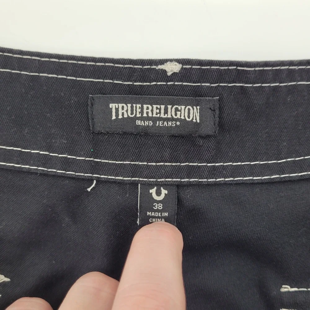 True Religion Cargo Pants Mens 38 Black Contrast Stitch Big‎ T Relaxed Straight